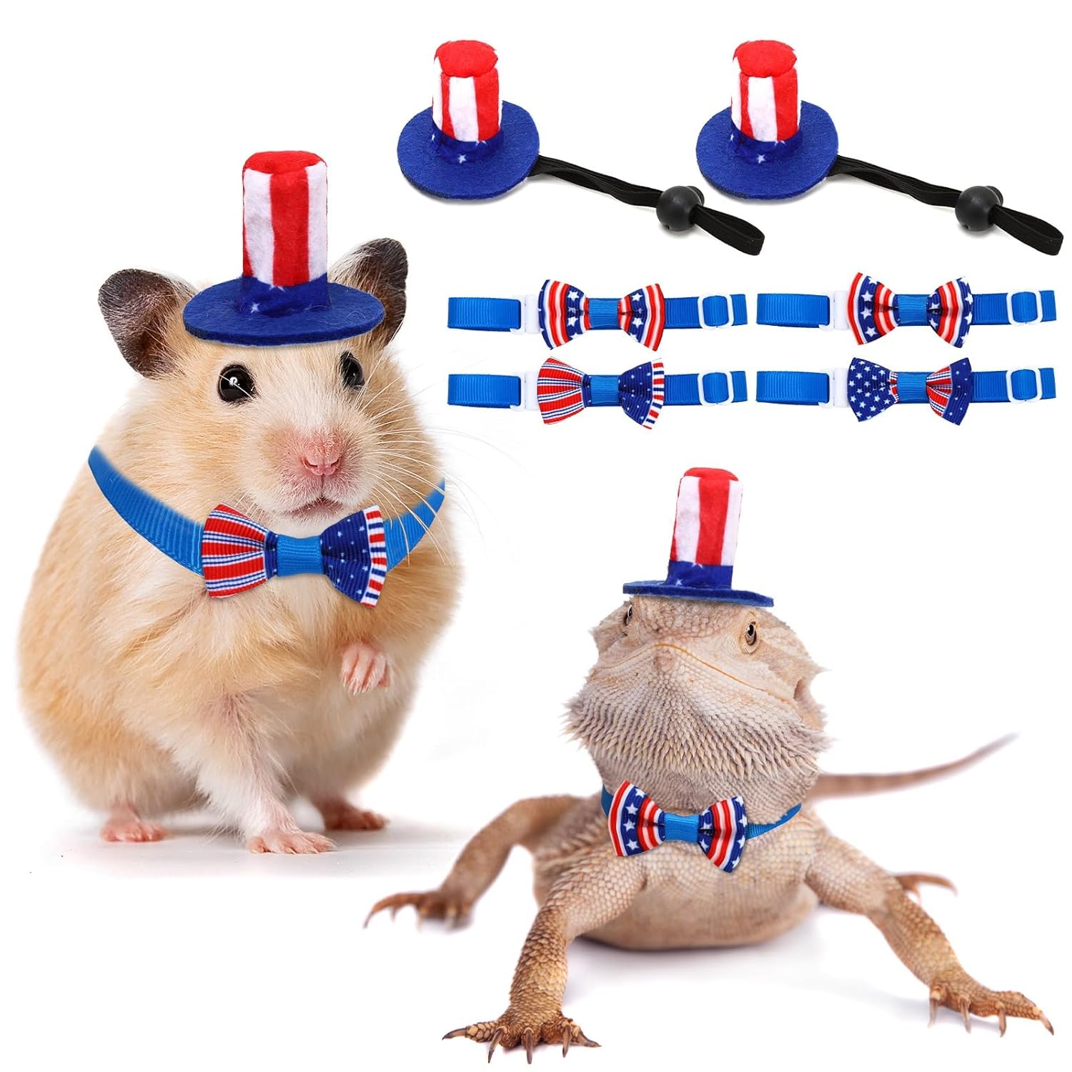 PETKNOWS 6 Pcs Pet Independence Day Costume, Uncle Sam's Hat for July 4th American Flag Tie for Rabbits Guinea Pigs and Small Pets Costumes