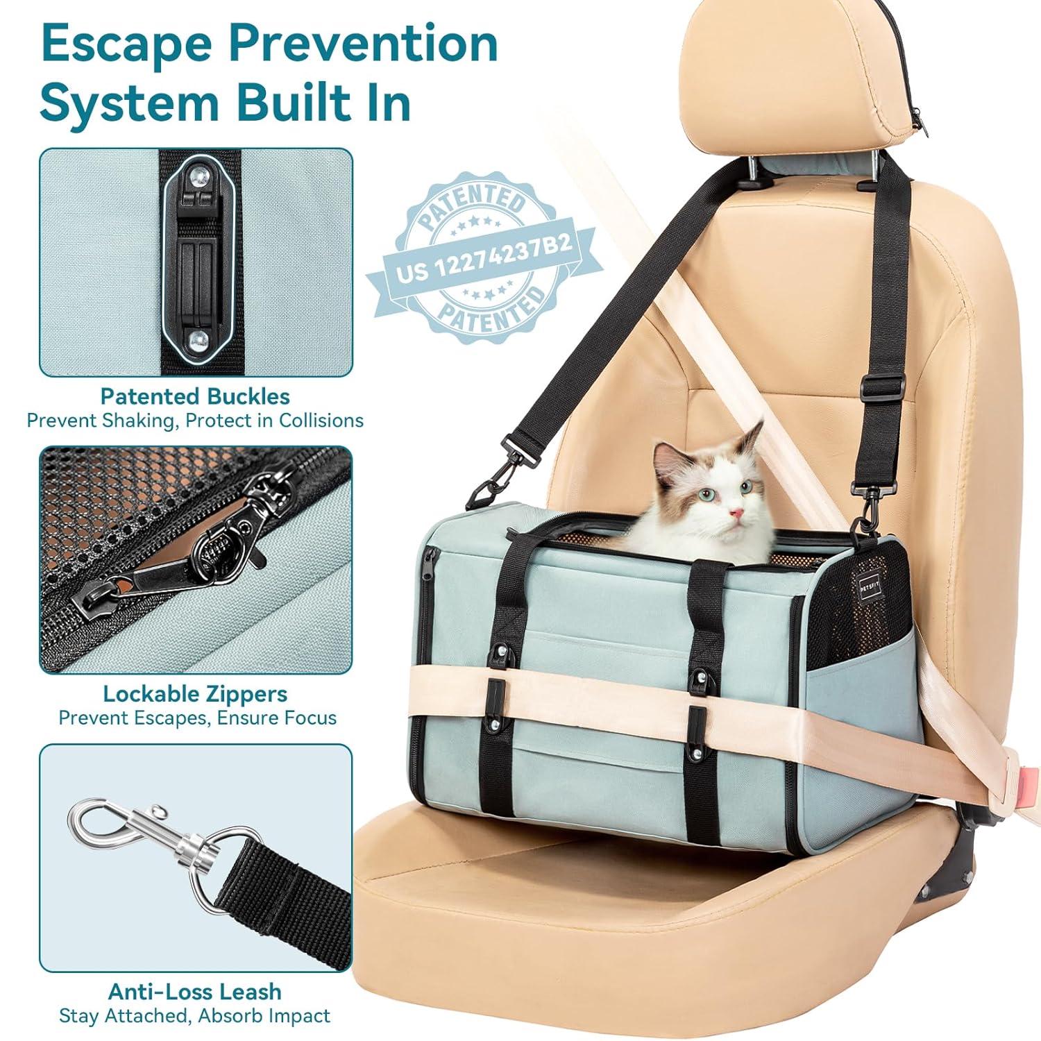 PETSFIT Soft-Sided Cat Carrier with Patented Safety Buckles, Lockable Zippers & Safety Tether,Escape-Resistant Travel Pet Carrier for Car Rides & Vet Visits, Airline Approved...