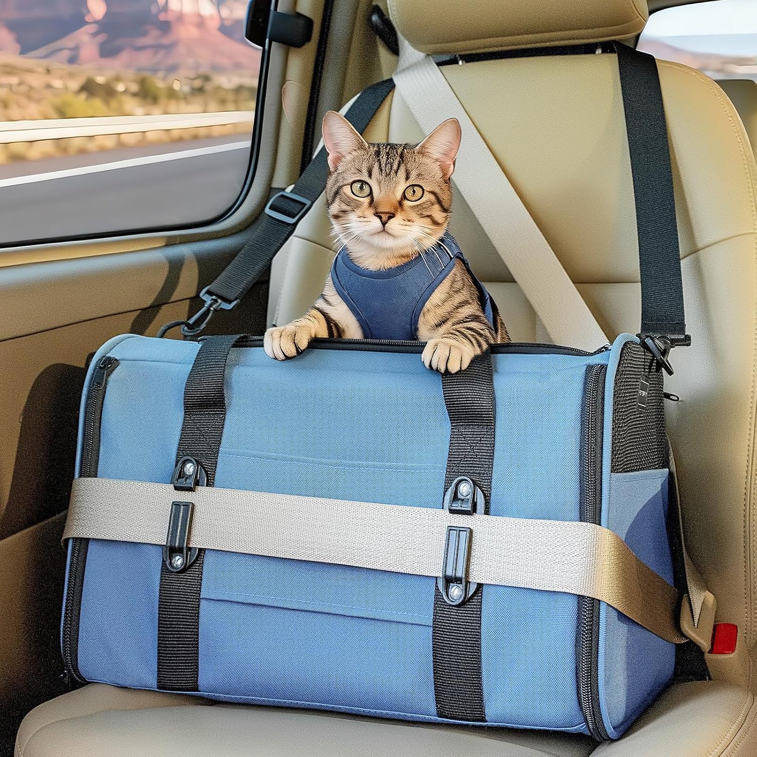 PETSFIT Soft-Sided Cat Carrier with Patented Safety Buckles, Lockable Zippers & Safety Tether,Escape-Resistant Travel Pet Carrier for Car Rides & Vet Visits, Airline Approved...