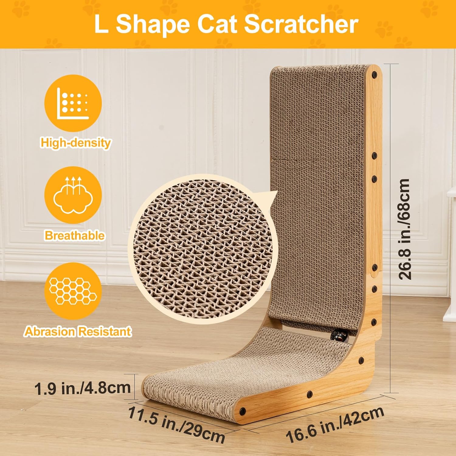 Poils bebe L Shape Cat Scratcher, 26.8 Inch Cat Scratchers for Indoor Cats, Protecting Furniture Cat Scratch Pad, Cardboard Cat Scratching with Ball Toy, Catnip, Large