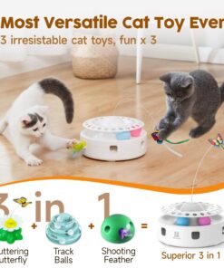 Potaroma Cat Toys 3in1 Automatic Interactive Kitten Toy, Fluttering Butterfly, Moving Feather, Track Balls, Dual Power Supplies, USB Powered, Indoor Exercise Kicker (Bright White)