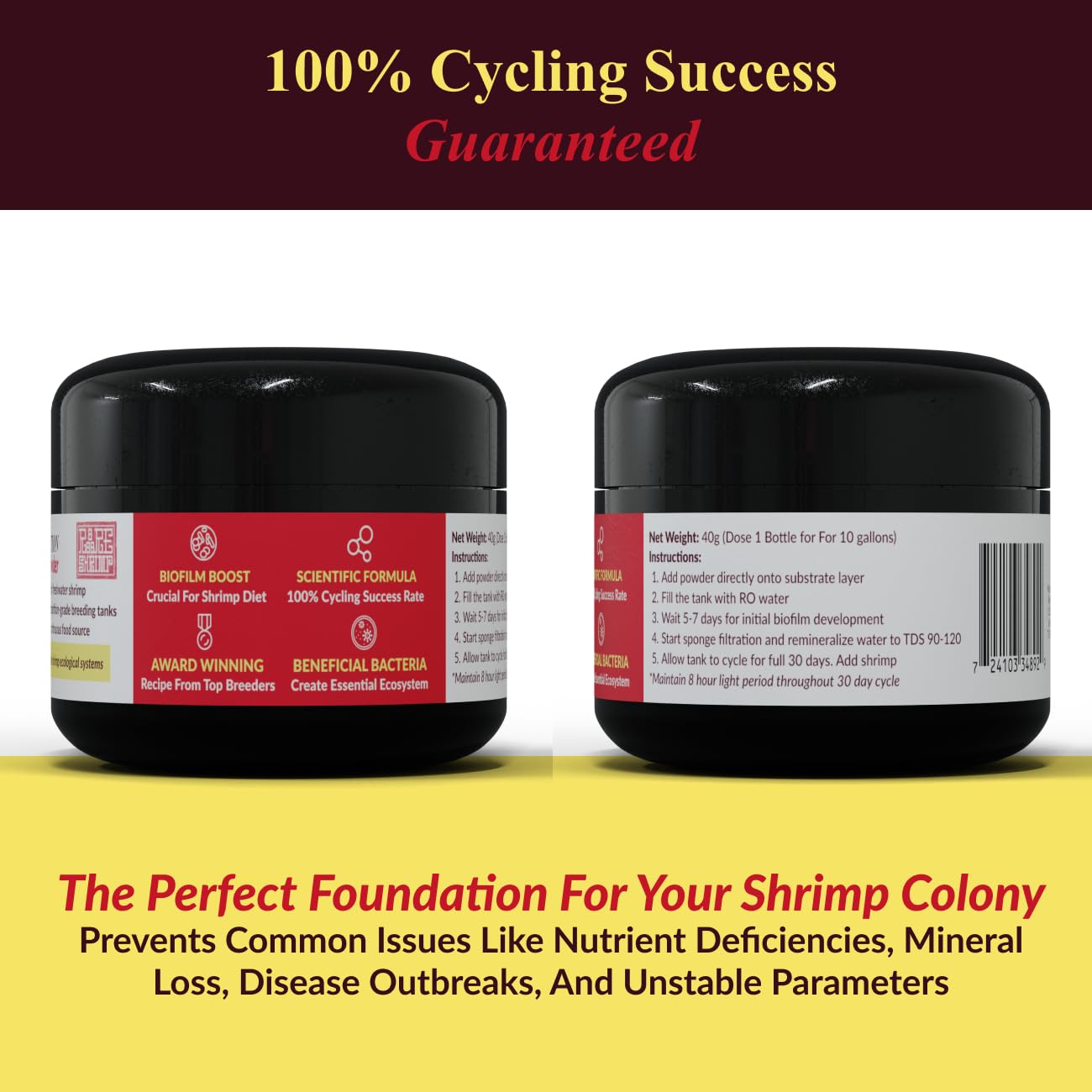 Professional Shrimp Tank Cycling Powder 40g - 100% Success Rate Tank Starter - Establishes Essential Microorganisms Culture - Biofilm for Crystal Red, Caridina & Neocaridina...