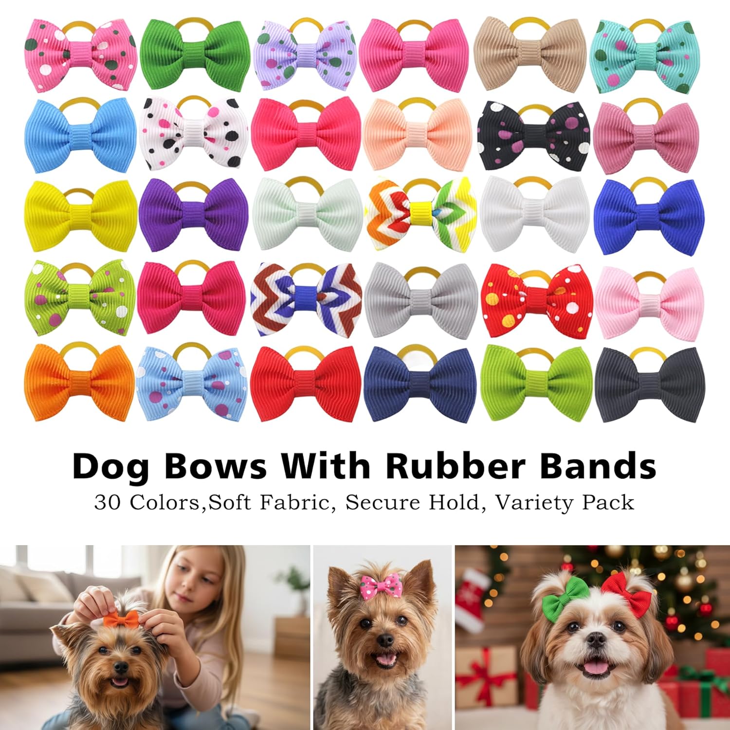 Puppy Hair Bows Small Dog Mini Rubber Bands Doggie Bowknot Pet Grooming Accessories 60pcs (30 Pairs) - Puppy Bows for Small Dogs Girl