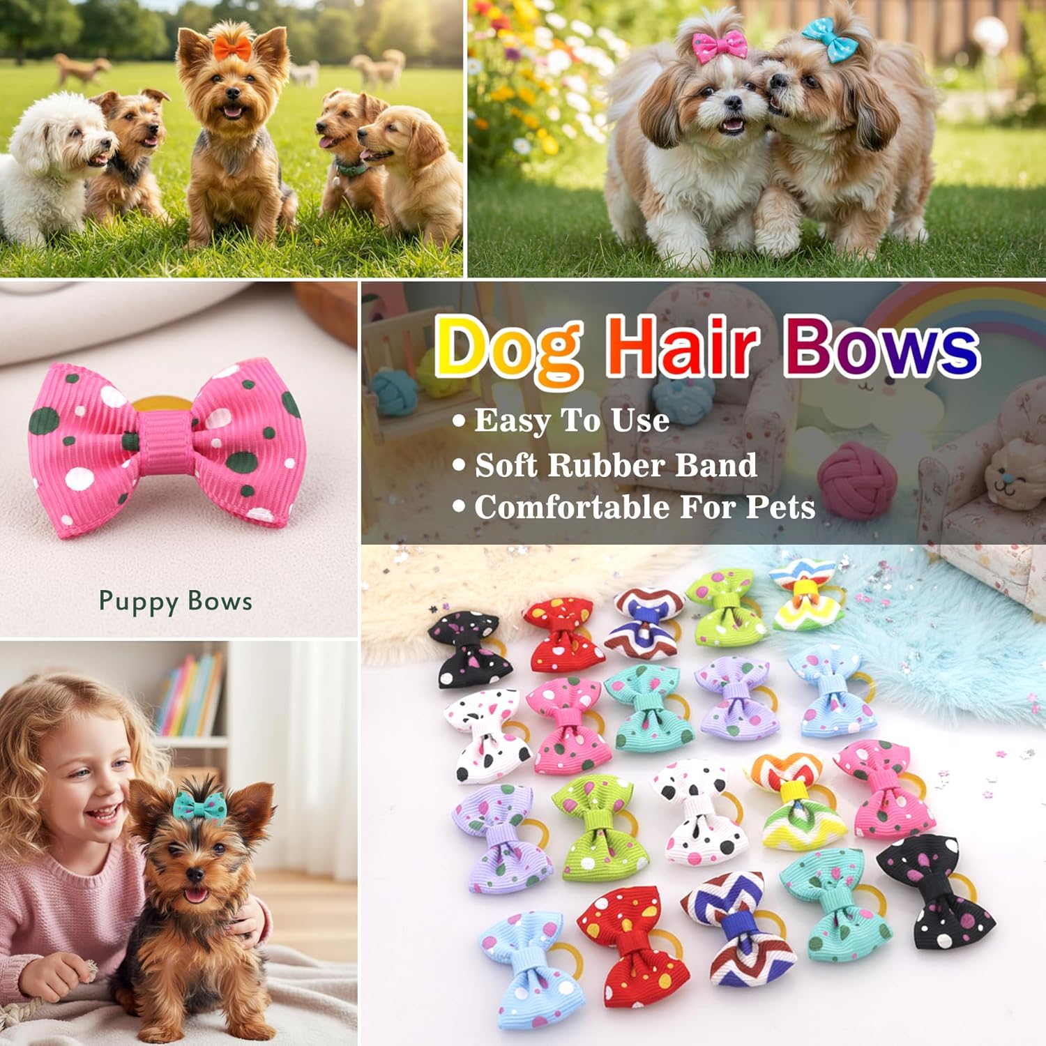 Puppy Hair Bows Small Dog Mini Rubber Bands Doggie Bowknot Pet Grooming Accessories 60pcs (30 Pairs) - Puppy Bows for Small Dogs Girl