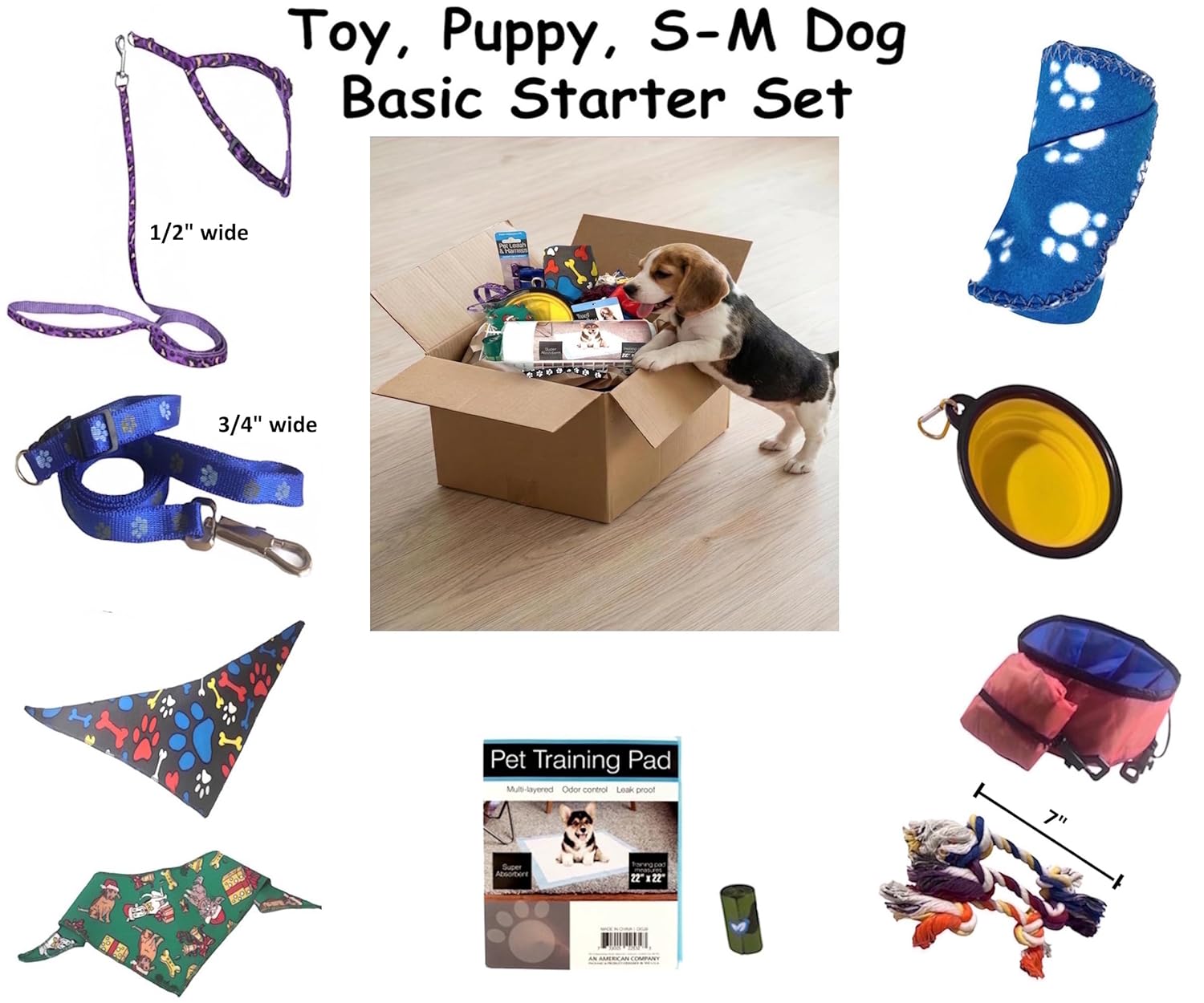 Puppy, S-M Dog Essentials Starter Kit Incl Harness and Collar Leash Sets, Blanket, 2 Travel Bowls, 3 Rope Toys, Pads, Poop Bags, 2 Bandanas Perfect for New Dog Owner, Birthday,...