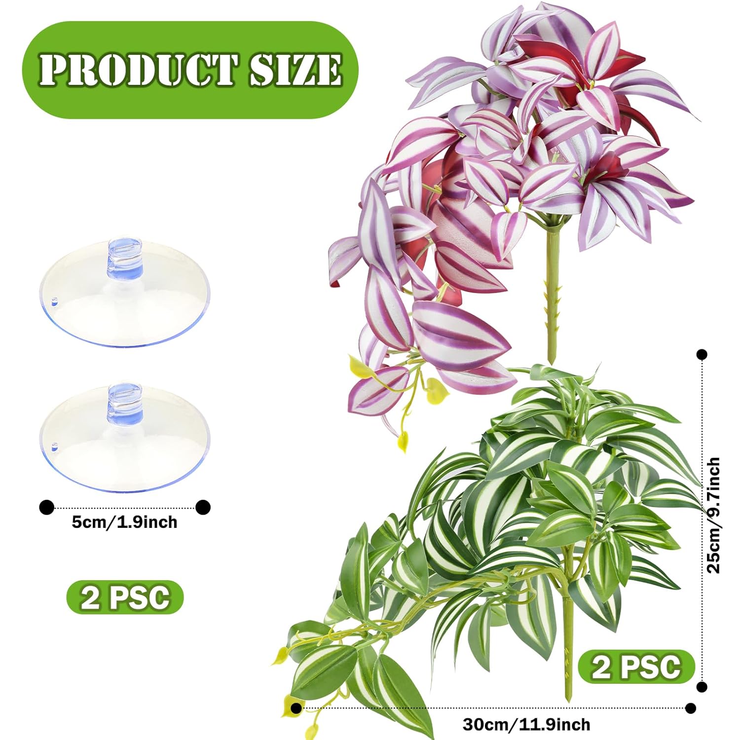 QUOZUO 2 Pack Reptile Plants, Artificial Hanging Plants with Suction Cups, Habitat Decor Plastic Vines Decorations for Bearded Dragons Lizards Snake Geckos Frogs -Purple and Green