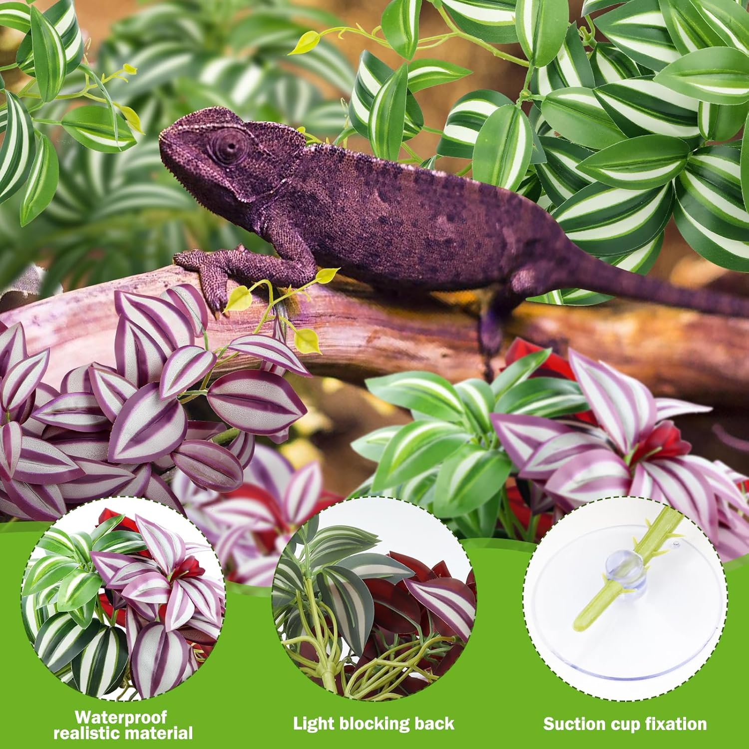 QUOZUO 2 Pack Reptile Plants, Artificial Hanging Plants with Suction Cups, Habitat Decor Plastic Vines Decorations for Bearded Dragons Lizards Snake Geckos Frogs -Purple and Green