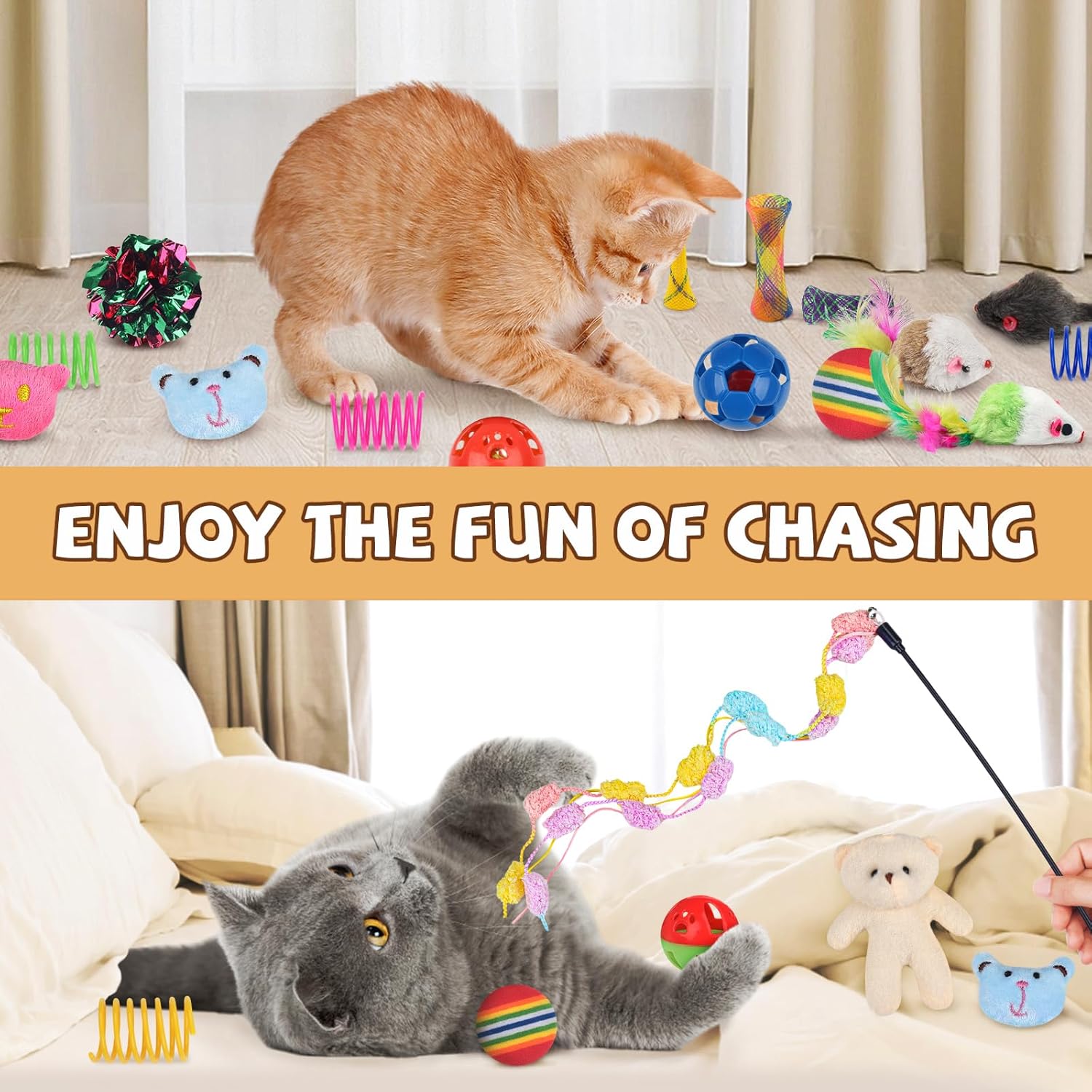 QUOZUO 30 Pcs Cat Toy Kitten Toys Set, Interactive Cat Toy Wand Cat Springs Ball Toy with Bells, Cat Toys for Bored Indoor Cats, Gift Box Styles