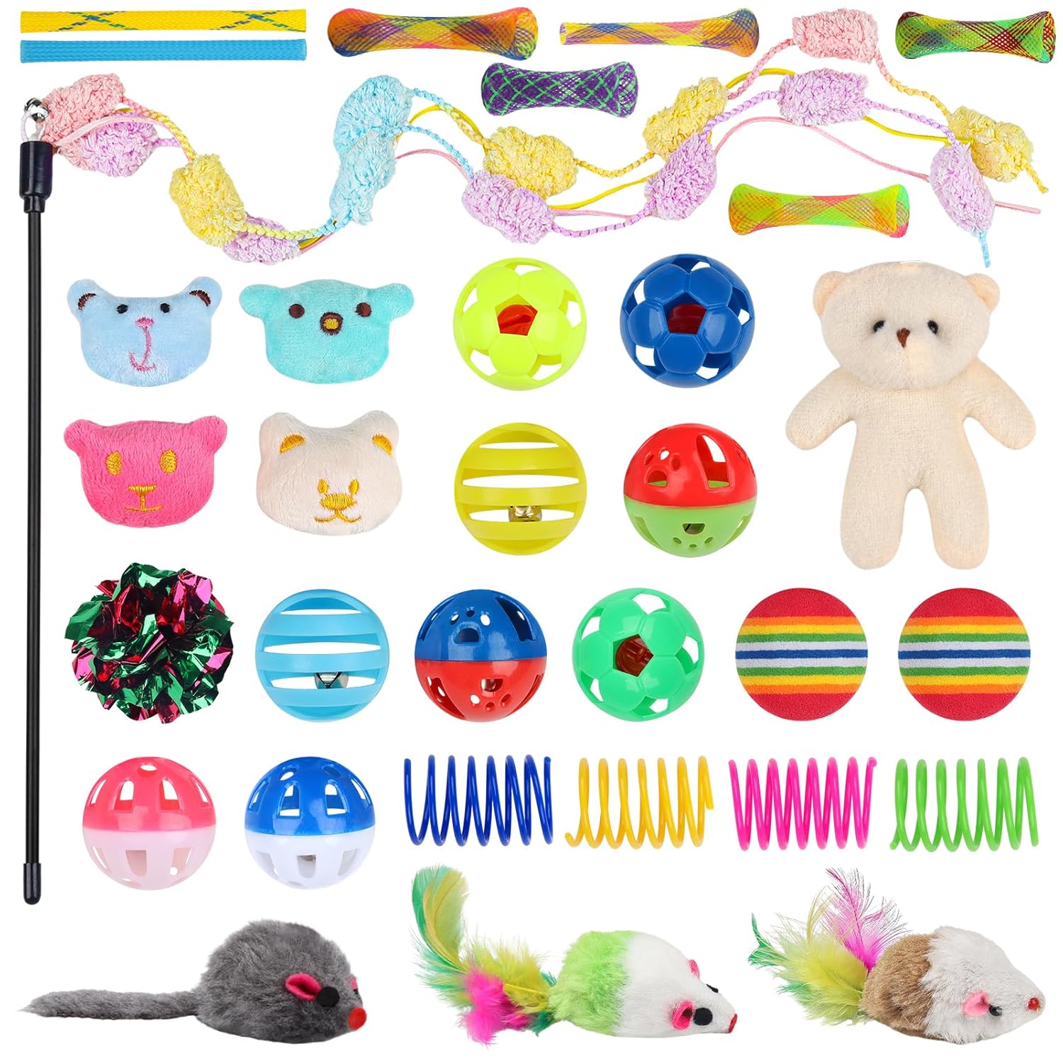 QUOZUO 30 Pcs Cat Toy Kitten Toys Set, Interactive Cat Toy Wand Cat Springs Ball Toy with Bells, Cat Toys for Bored Indoor Cats, Gift Box Styles