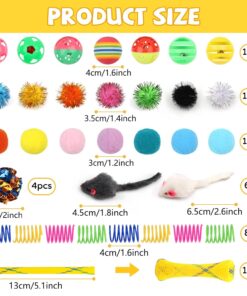 QUOZUO Kitten Toys, 60PCS Cat Balls Springs Toy Set, Cat Mouse Toy, Kitten Sparkle Crinkle Balls Furry Soft Pom Pom