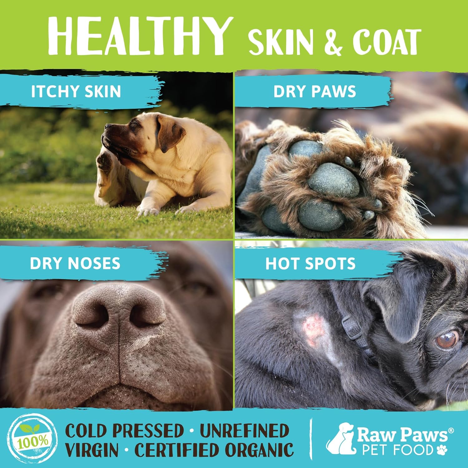 Raw Paws Virgin Organic Coconut Oil for Dogs & Cats, 4-oz - Treatment for Itchy Skin, Dry Nose, Paws - Hot Spot Lotion - Natural Hairball Remedy for Cats