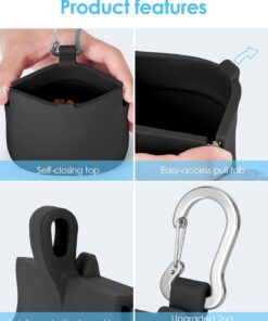 RBibei【One-Hand Access Silicone Dog Treat Pouch, Small Pocket Sized Training Pouch with Pull Tab & Auto Closing Lid for Easy Pet Training & Walking (Black)
