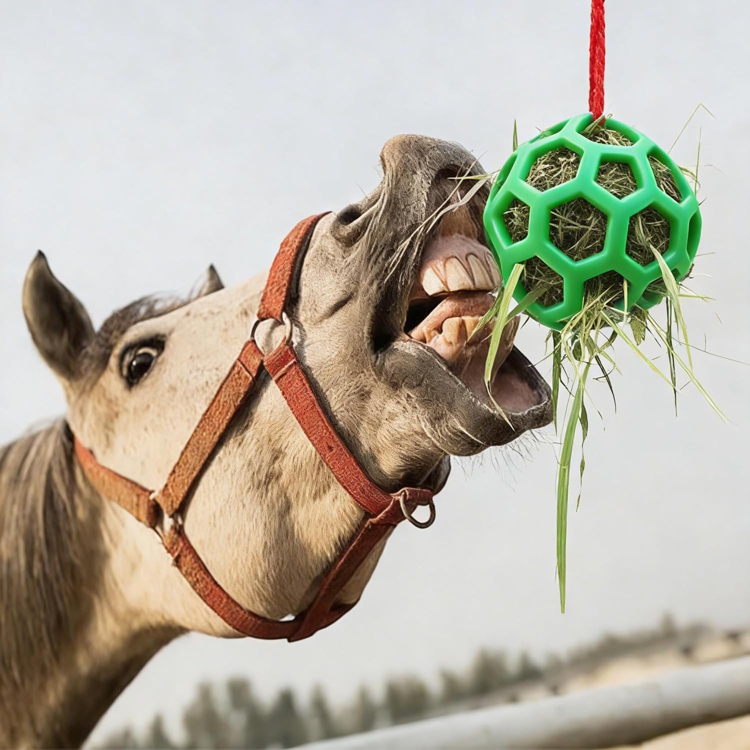Red Horse Hay Feeder Ball – Hanging Treat Toy for Horses, Durable Stretchable TPR Slow Feeder Ball for Stable & Pasture Entertainment
