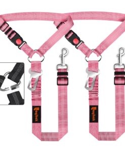 Removable Dog Seat Belt Harness for Car, 3 in 1 Pet Dog Car Seatbelt Leash, Retractable Restraint Secures to Vehicle Headrest & Adjustable Reflective Bungee Dog Seatbelt Tether,...