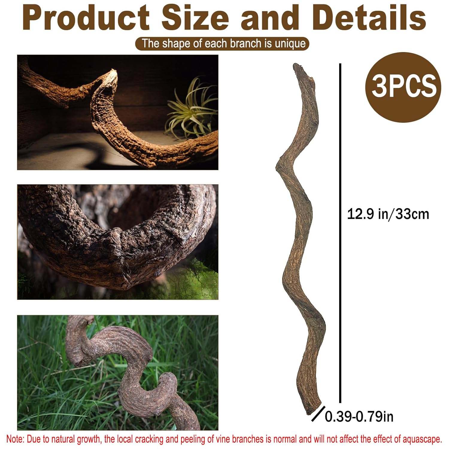 Reptile Decor 3PCS Natural Forest Branch Terrarium Habitat Decoration Lizard Climbing Tree Branch for Bearded Dragon Gecko Snake Frog Chameleon Spider