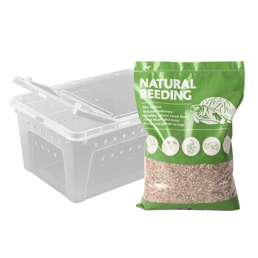 Reptile Feeding Box Turtle Transport Breeding Box Egg Incubator Container with 1.1lb Reptile Substrate Vermiculite Bedding for Snake Tortoise Lizard Hatching Eggs