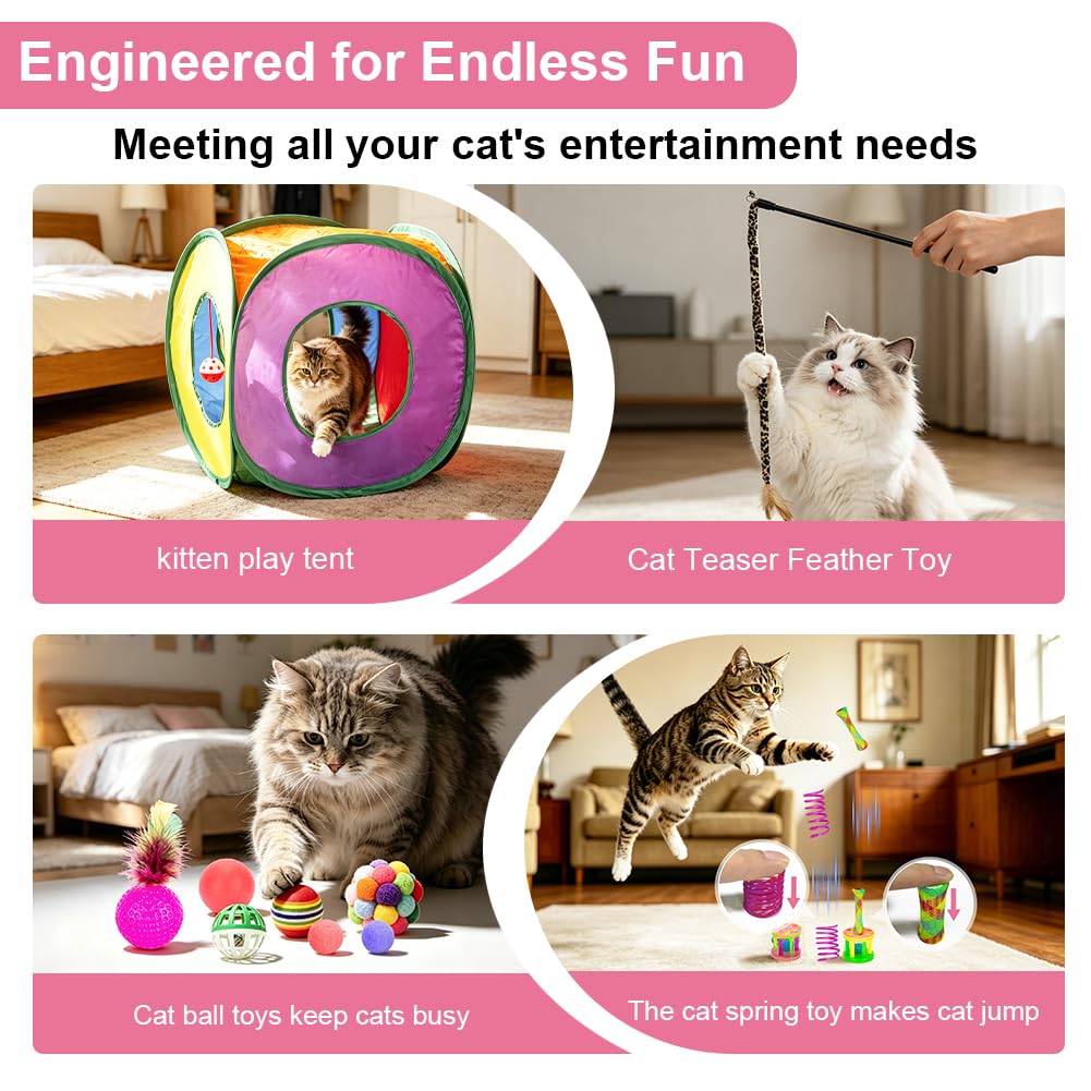 Retro Shaw Cat Toys Pack 33Pcs, Interactive Kitten Toys for Indoor Kittens Cats, Collapsible Kitty Play Tunnel Tent Feather Wand Balls Bell Springs Mouse Kitty Toys for All...