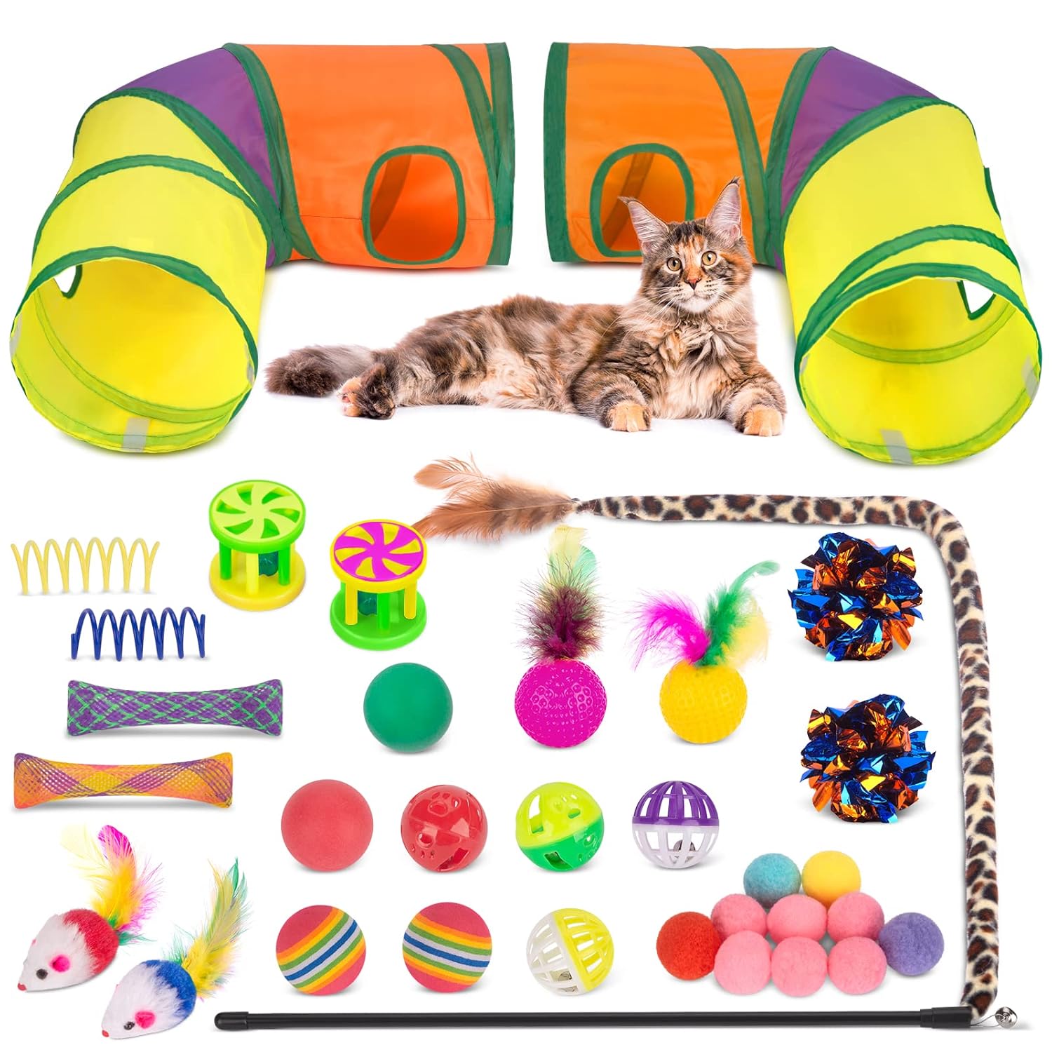 Retro Shaw Cat Toys Pack 33Pcs, Interactive Kitten Toys for Indoor Kittens Cats, Collapsible Kitty Play Tunnel Tent Feather Wand Balls Bell Springs Mouse Kitty Toys for All...
