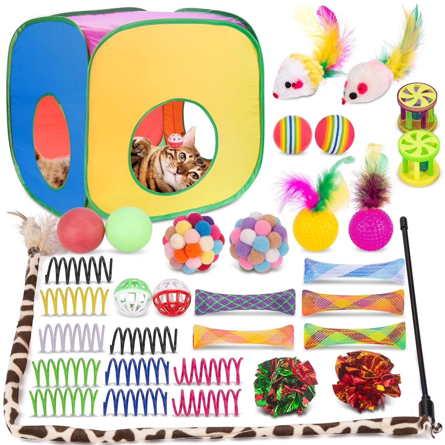 Retro Shaw Cat Toys Pack 33Pcs, Interactive Kitten Toys for Indoor Kittens Cats, Collapsible Kitty Play Tunnel Tent Feather Wand Balls Bell Springs Mouse Kitty Toys for All...