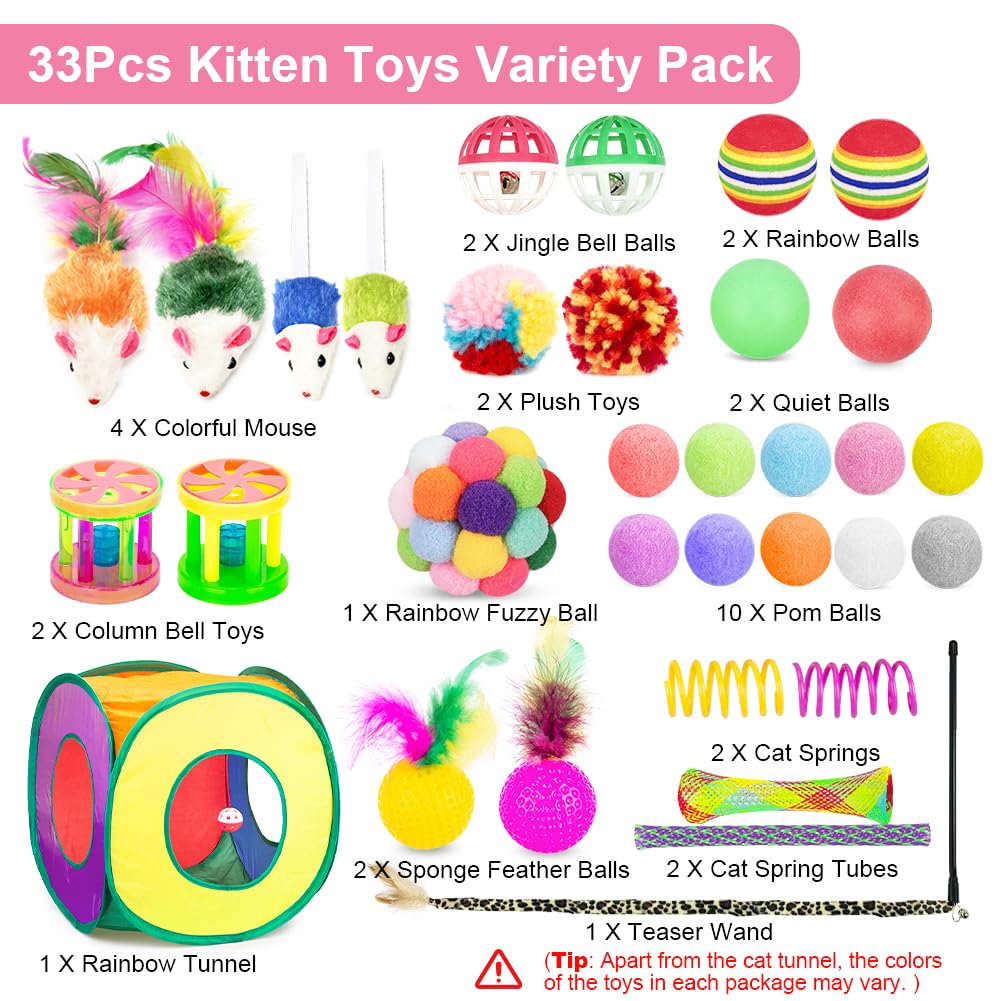 Retro Shaw Cat Toys Pack 33Pcs, Interactive Kitten Toys for Indoor Kittens Cats, Collapsible Kitty Play Tunnel Tent Feather Wand Balls Bell Springs Mouse Kitty Toys for All...