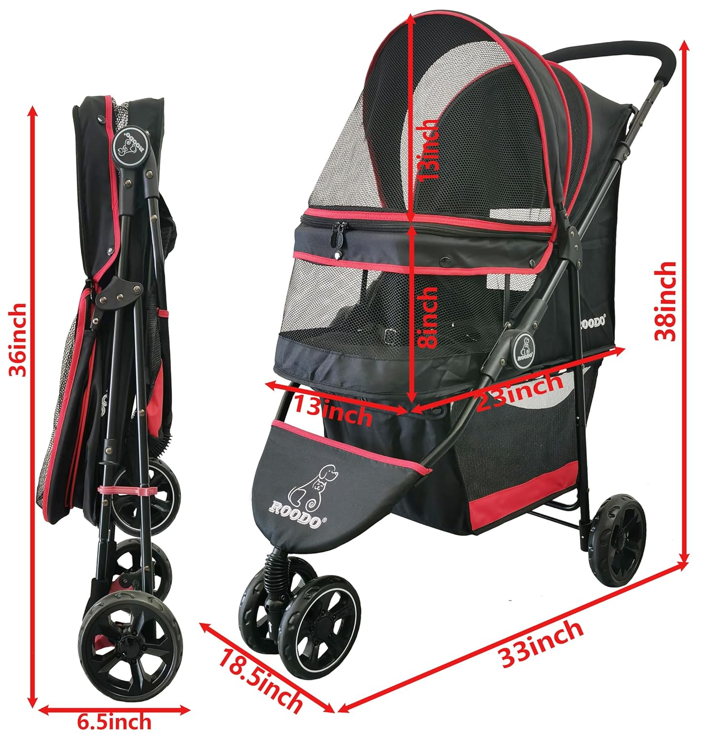 ROODO Escort 3 Wheel Dog Cat Pet Stroller for Small/Medium Dogs Cats Best Lightweight Foldable Portable Compact Jogger Travel All Terrain Pet Gear System Puppy Doggie Bunny...
