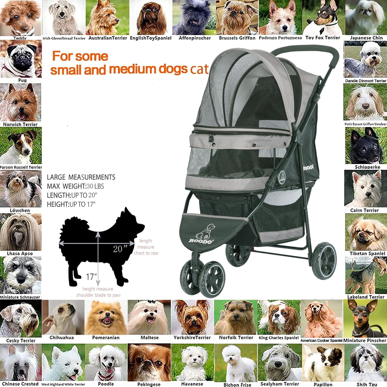 ROODO Escort 3 Wheel Dog Cat Pet Stroller for Small/Medium Dogs Cats Best Lightweight Foldable Portable Compact Jogger All Terrain Travel Pet Gear System Puppy Doggie Bunny...