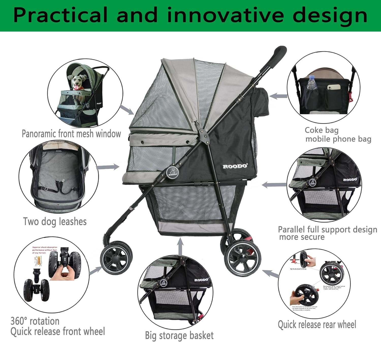 ROODO Escort 3 Wheel Dog Cat Pet Stroller for Small/Medium Dogs Cats Best Lightweight Foldable Portable Compact Jogger All Terrain Travel Pet Gear System Puppy Doggie Bunny...