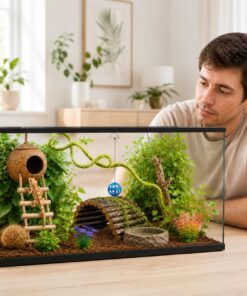 RUNANIA Crested Gecko Tank Accessories，Reptile Vines Plants with Coconut Shell Ladder Hideout Hermit Crab Decor for Leopard Gecko Lizard Chameleon Tortoise Snake Terrarium Decor