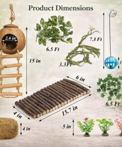 RUNANIA Crested Gecko Tank Accessories，Reptile Vines Plants with Coconut Shell Ladder Hideout Hermit Crab Decor for Leopard Gecko Lizard Chameleon Tortoise Snake Terrarium Decor