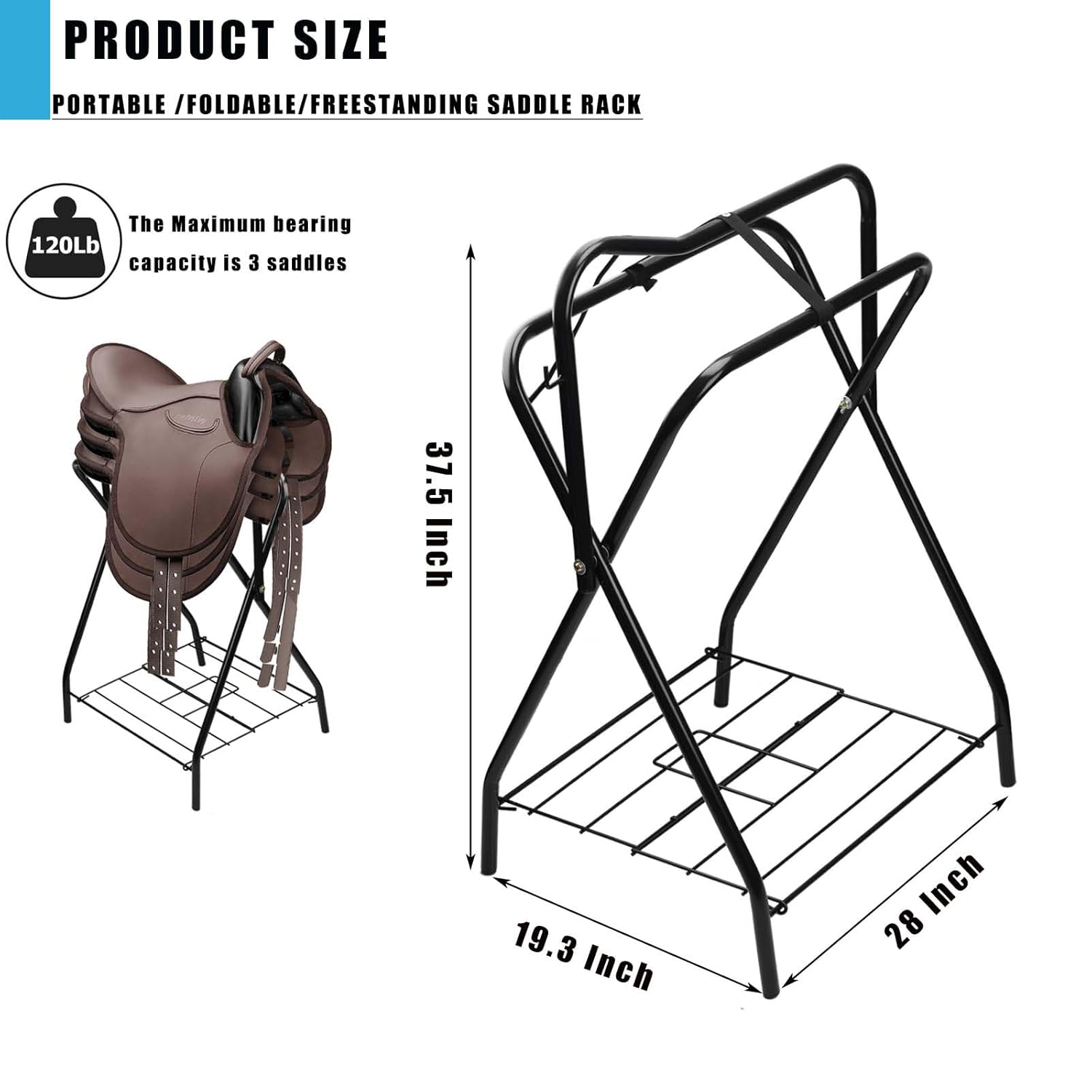 Saddle Rack Portable Folding Horse Saddle Stand for English and Western Saddles,28" L x 19" W x 37.5" H,Black