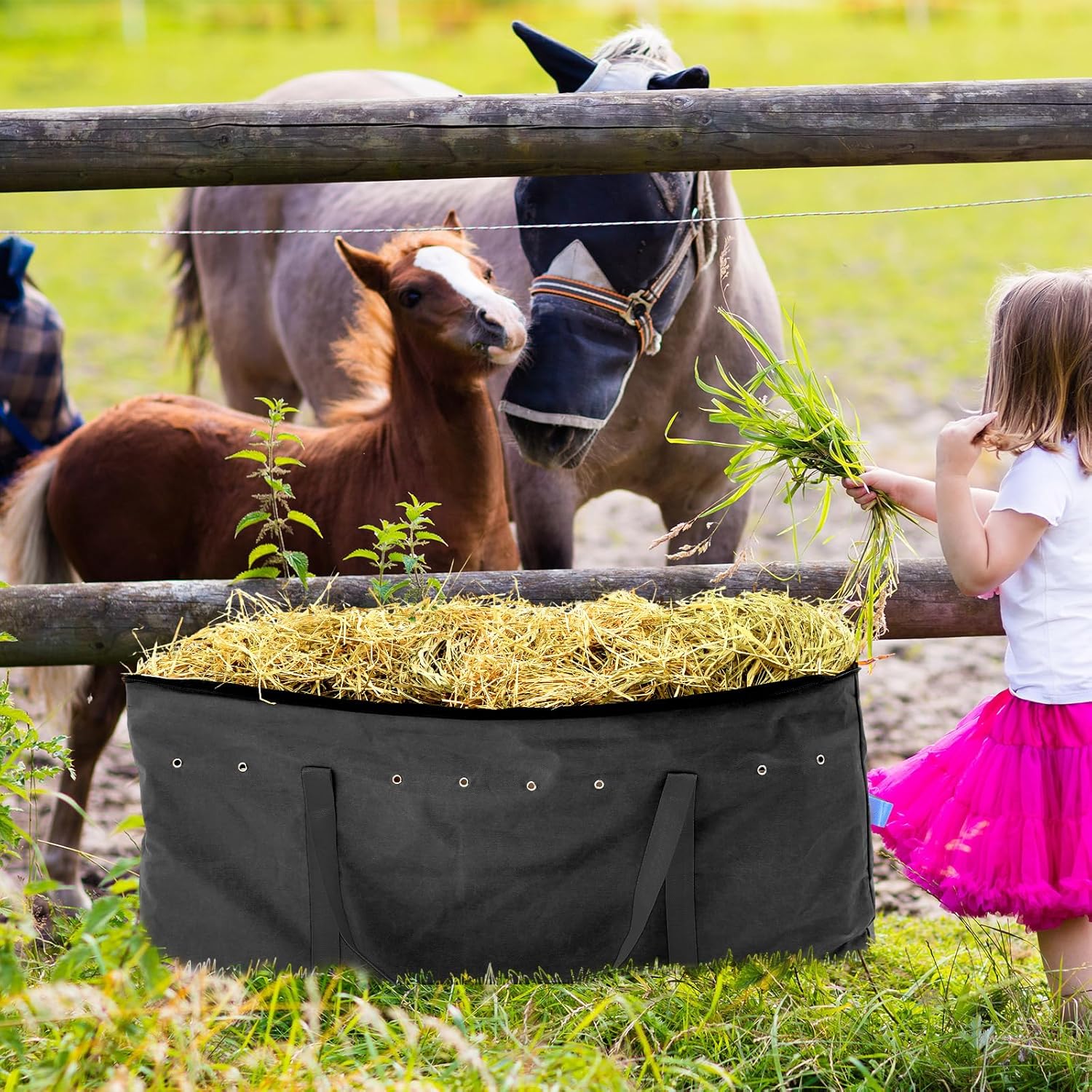 Sanwuta 2 Pack Hay Bale Bag 600d 41 x 15 x 17 Inch Extra Large Hay Storage Container for Horses Oxford Cloth Heavy Duty Tote Bale Storage Bag for Cattle Goats Sheep Horse...