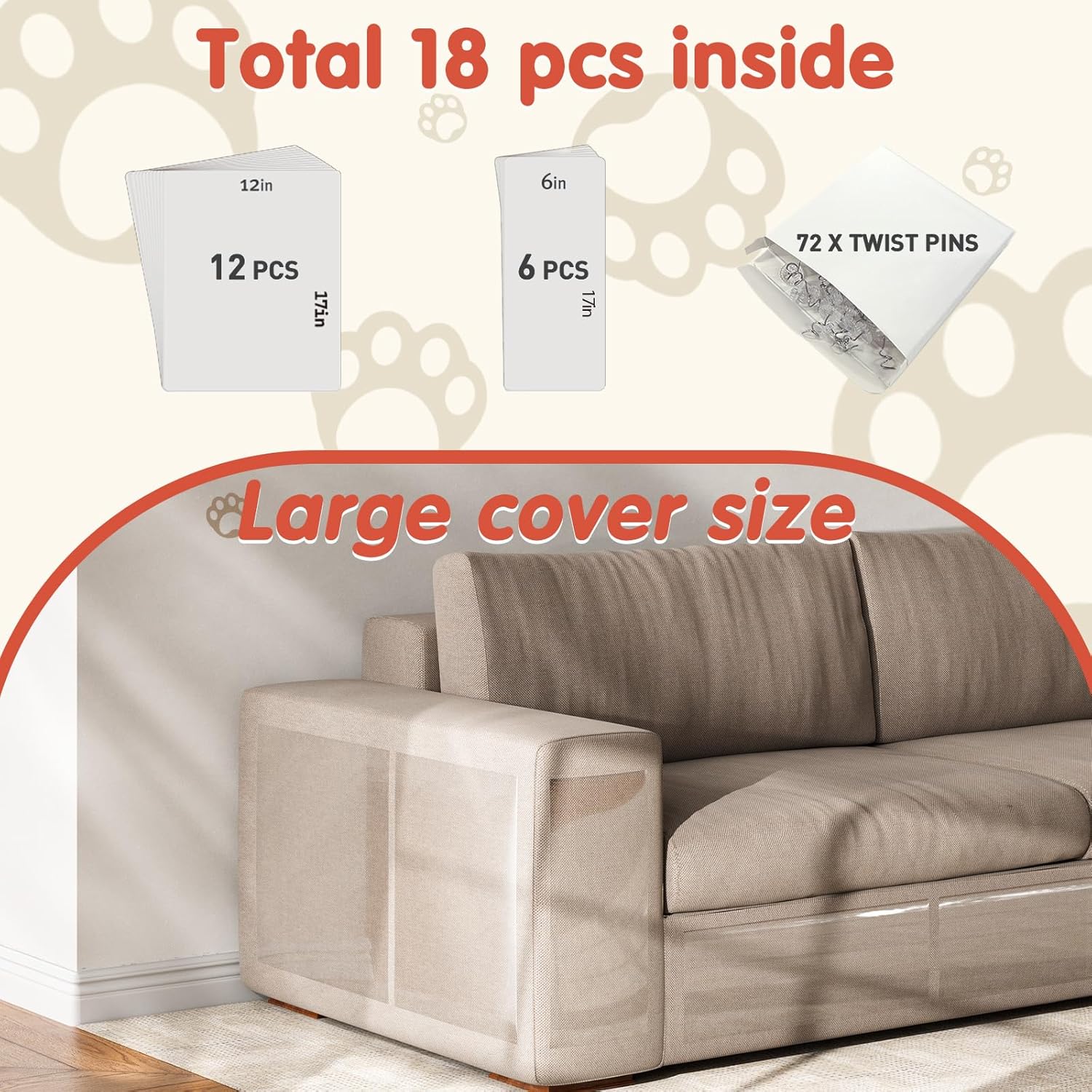 Secopad 18 PCS Large Cat Scratch Furniture Protector, Transparent Couch Protector from Cat Claws, Single-Sided Self Adhesive Anti Pet Deterrent Sofa Cover, 17IN