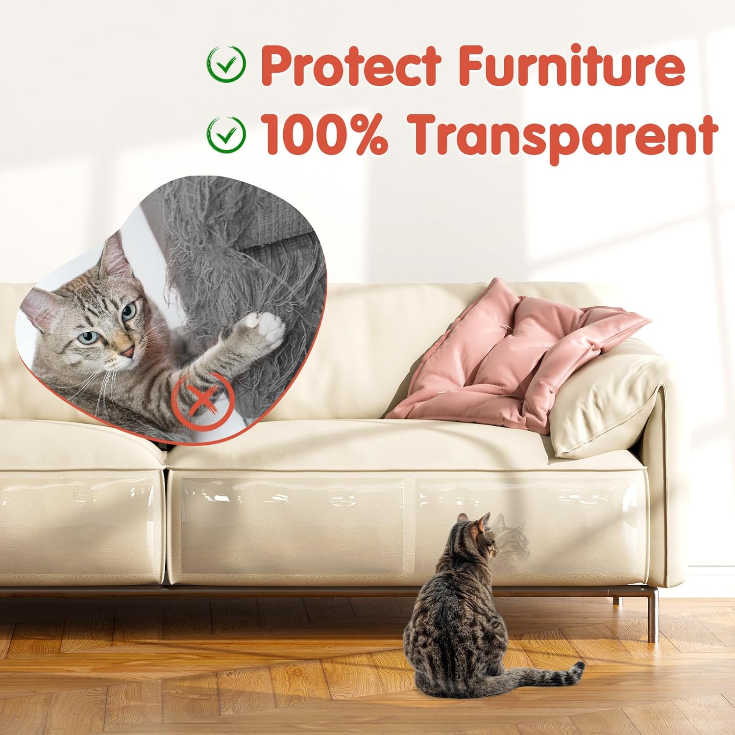Secopad 18 PCS Large Cat Scratch Furniture Protector, Transparent Couch Protector from Cat Claws, Single-Sided Self Adhesive Anti Pet Deterrent Sofa Cover, 17IN