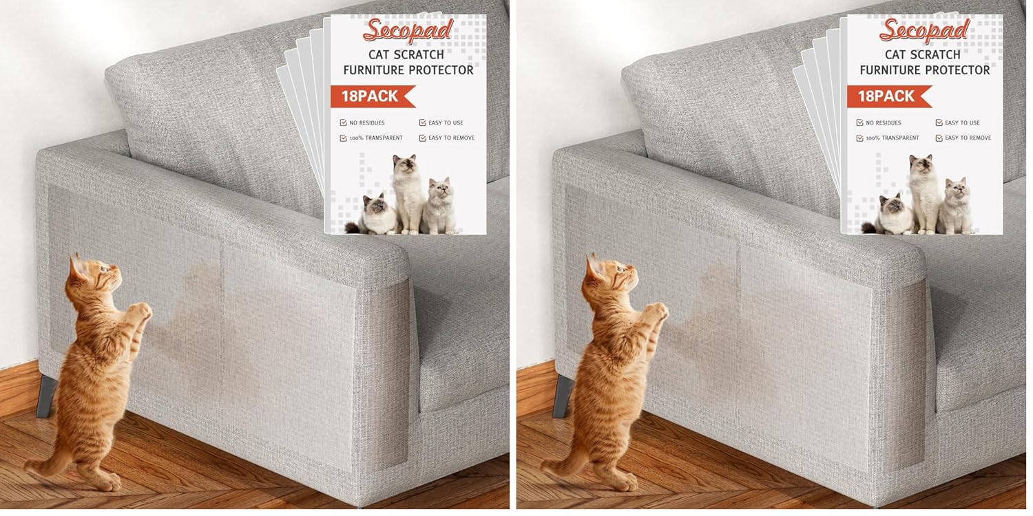 Secopad 18 PCS Large Cat Scratch Furniture Protector, Transparent Couch Protector from Cat Claws, Single-Sided Self Adhesive Anti Pet Deterrent Sofa Cover, 17IN