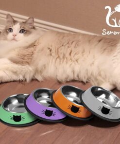 Serentive 2 Pcs Non-Slip Stainless Steel Small Cat Food Bowls - Unbreakable, Thicken 7 Oz Cat Dishes - Indoor, Removable Rubber Base, Easily Clean, Lovely Color