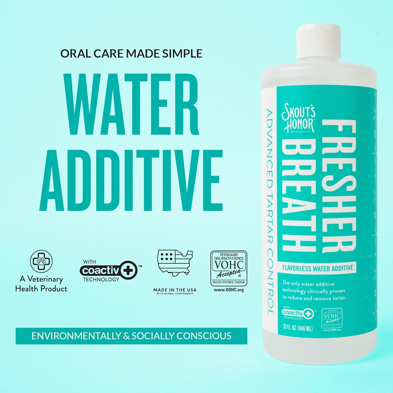 SKOUT'S HONOR Fresher Breath Water Additive, Fresh and Flavorless - VOHC Accepted for Tartar Control, Freshens Breath Fast, No Brushing Required, Great for Both Cats and Dogs,...