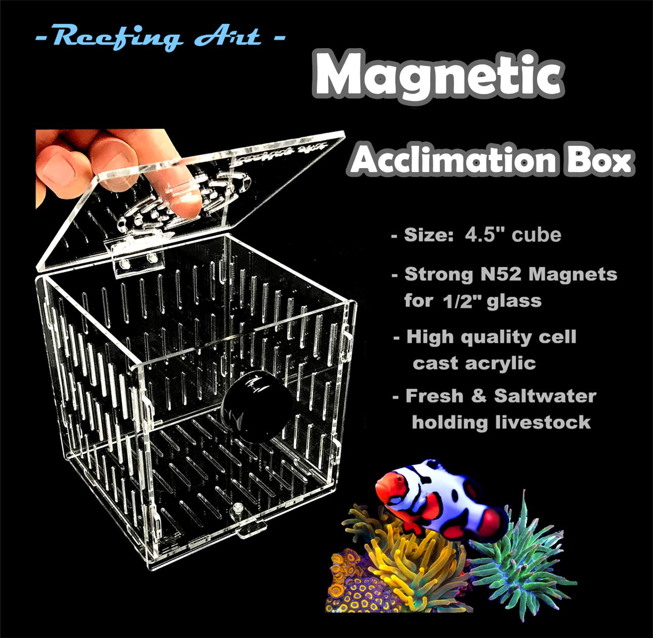 Small Magnetic Acclimation Breeder Box Anemone Coral Strong N52 Magnets for 1/2" Glass (4.5" Cube)