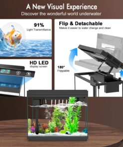 Smart Aquarium Fish Tank with Silent Water Pump, 2.4 Gallon Small Aquarium with Quick Start Kit, Temperature Display, Humidifier and RGB Lights, Perfect for Home, Office, and...