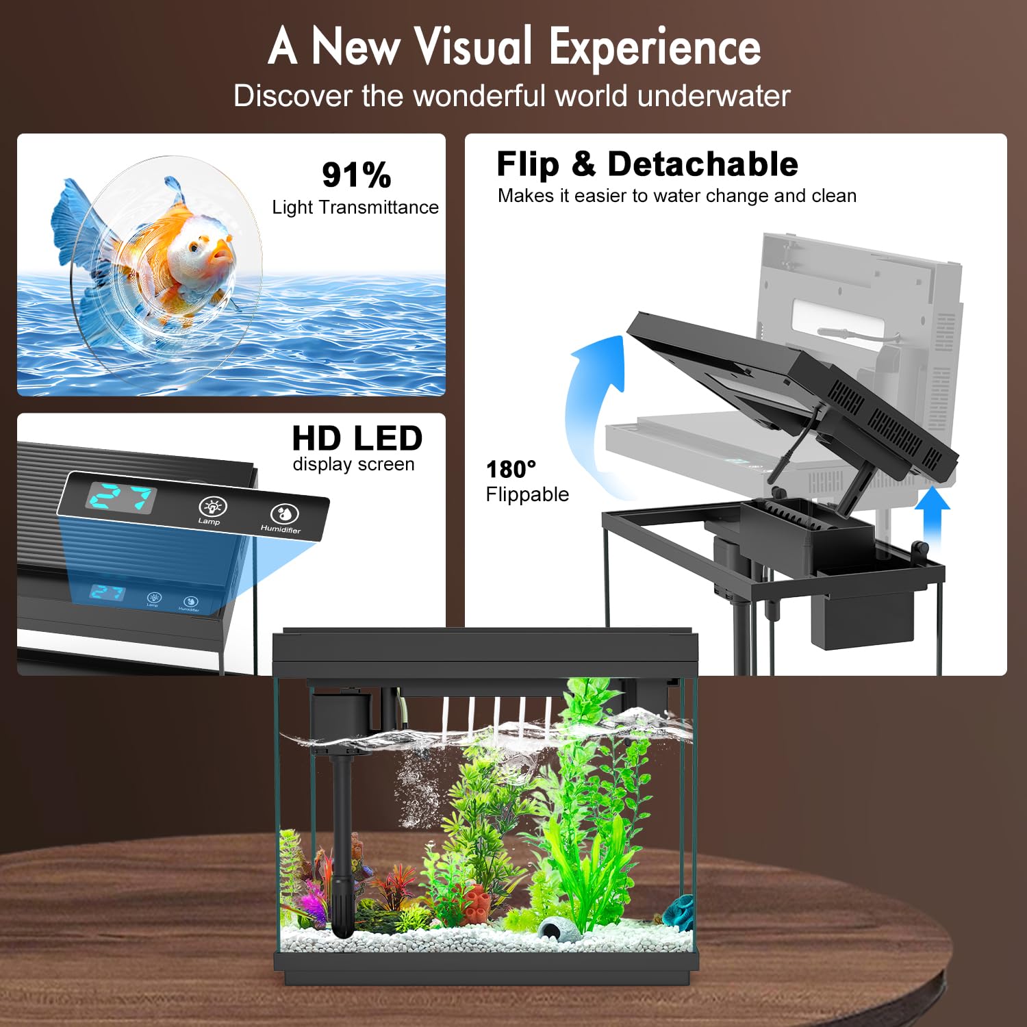Smart Aquarium Fish Tank with Silent Water Pump, 2.4 Gallon Small Aquarium with Quick Start Kit, Temperature Display, Humidifier and RGB Lights, Perfect for Home, Office, and...