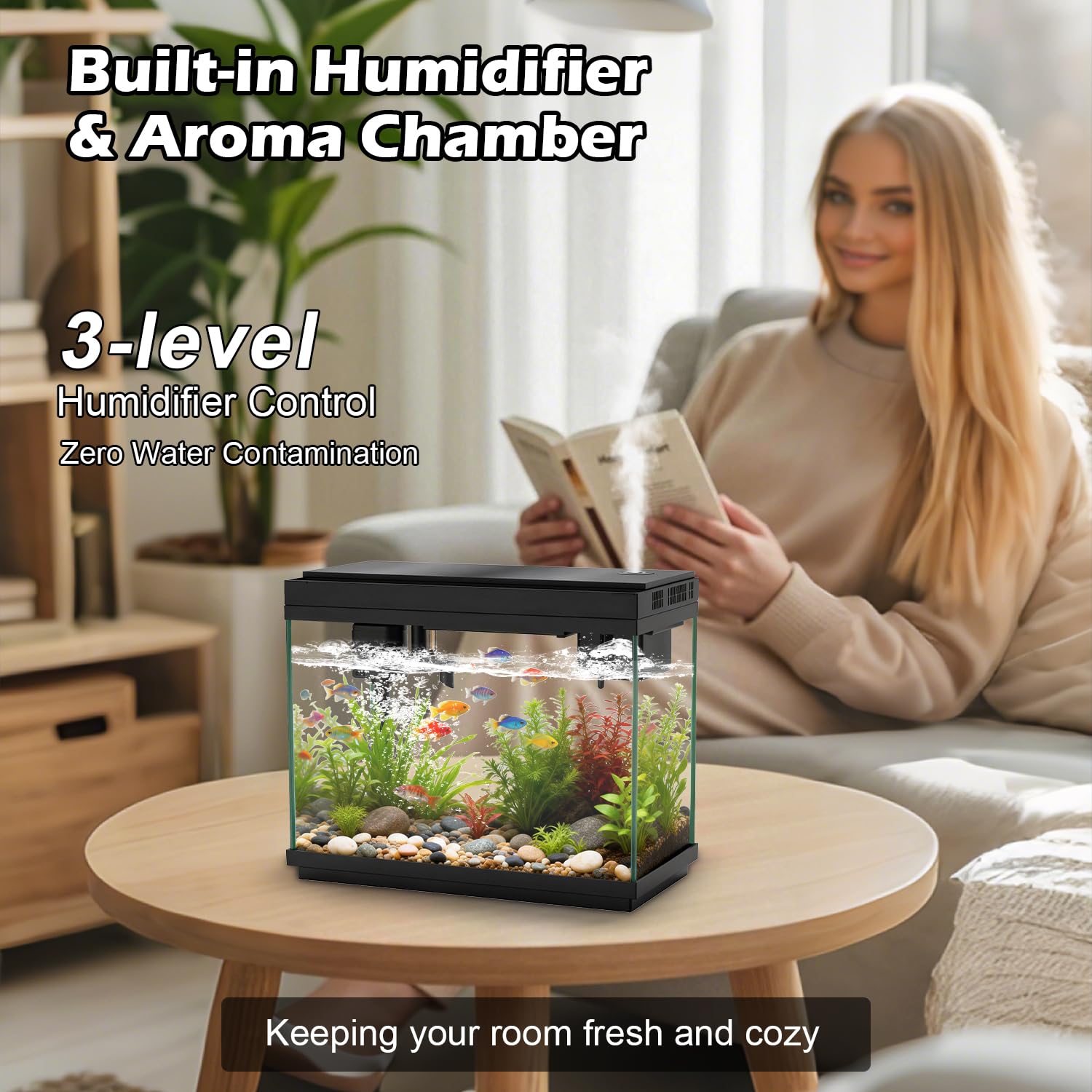 Smart Aquarium Fish Tank with Silent Water Pump, 2.4 Gallon Small Aquarium with Quick Start Kit, Temperature Display, Humidifier and RGB Lights, Perfect for Home, Office, and...
