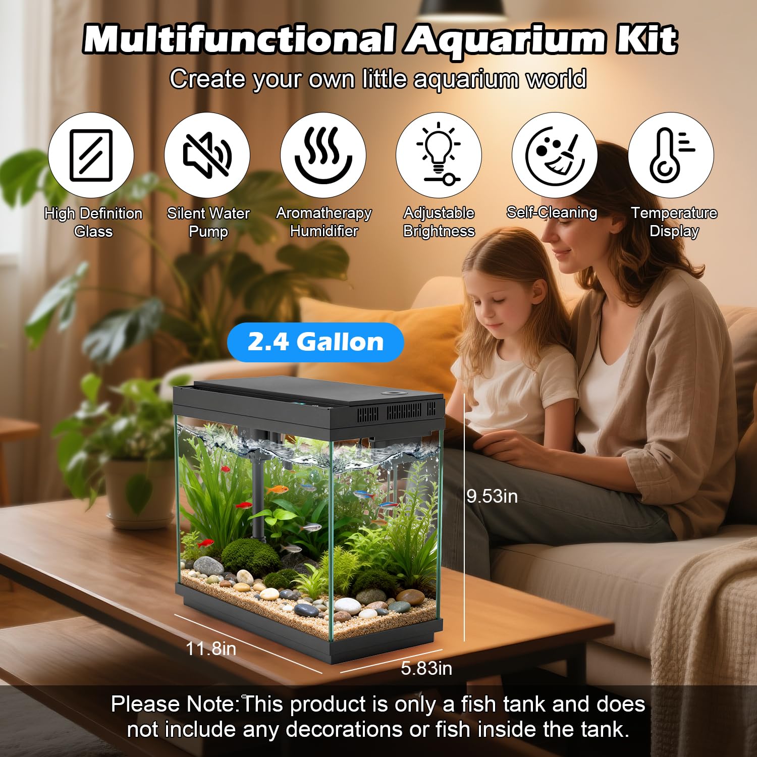 Smart Aquarium Fish Tank with Silent Water Pump, 2.4 Gallon Small Aquarium with Quick Start Kit, Temperature Display, Humidifier and RGB Lights, Perfect for Home, Office, and...