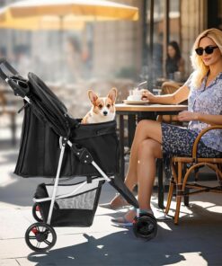 Smug 3 Wheels Pet Stroller, Dog and Cat Strollers, Storage Basket and Cup Holder, Breathable Mesh, Lightweight Travel Carrier, Waterproof and Foldable for Small Pets Outdoor...