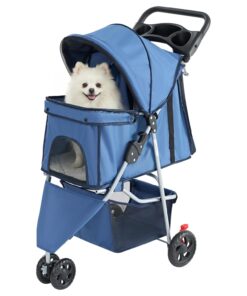 Smug 3 Wheels Pet Stroller, Dog and Cat Strollers, Storage Basket and Cup Holder, Breathable Mesh, Lightweight Travel Carrier, Waterproof and Foldable for Small Pets Outdoor...