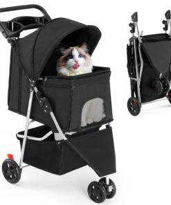 Smug 3 Wheels Pet Stroller, Dog and Cat Strollers, Storage Basket and Cup Holder, Breathable Mesh, Lightweight Travel Carrier, Waterproof and Foldable for Small Pets Outdoor...