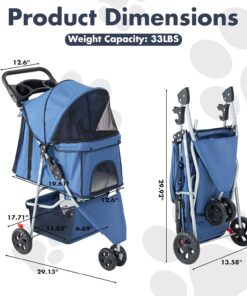 Smug 3 Wheels Pet Stroller, Dog and Cat Strollers with Storage Basket and Cup Holder, Lightweight Travel Carrier, Breathable, Waterproof and Foldable for Small Pets Outdoor...