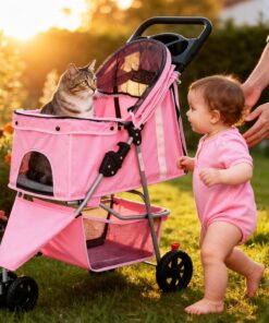 Smug 3 Wheels Pet Stroller, Dog and Cat Strollers with Storage Basket and Cup Holder, Lightweight Travel Carrier, Breathable, Waterproof and Foldable for Small Pets Outdoor...