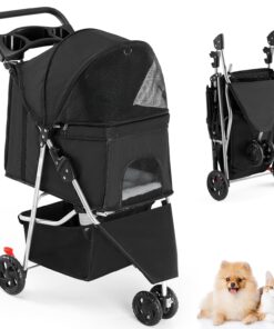 Smug 3 Wheels Pet Stroller, Dog and Cat Strollers with Storage Basket and Cup Holder, Lightweight Travel Carrier, Breathable, Waterproof and Foldable for Small Pets Outdoor...