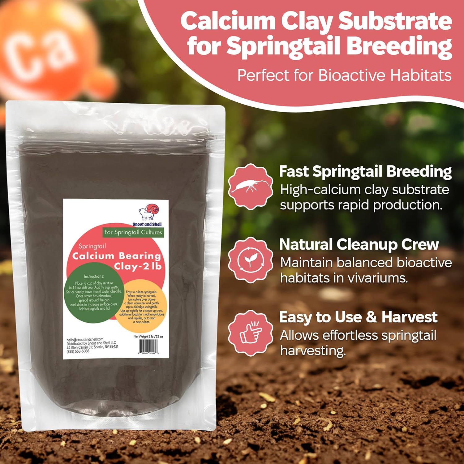 Snout and Shell Springtail Calcium Bearing Clay - 2 lb | Ideal for Culturing Springtails, Reptile and Amphibian Terrariums, and Natural Habitat Cleanup Crew