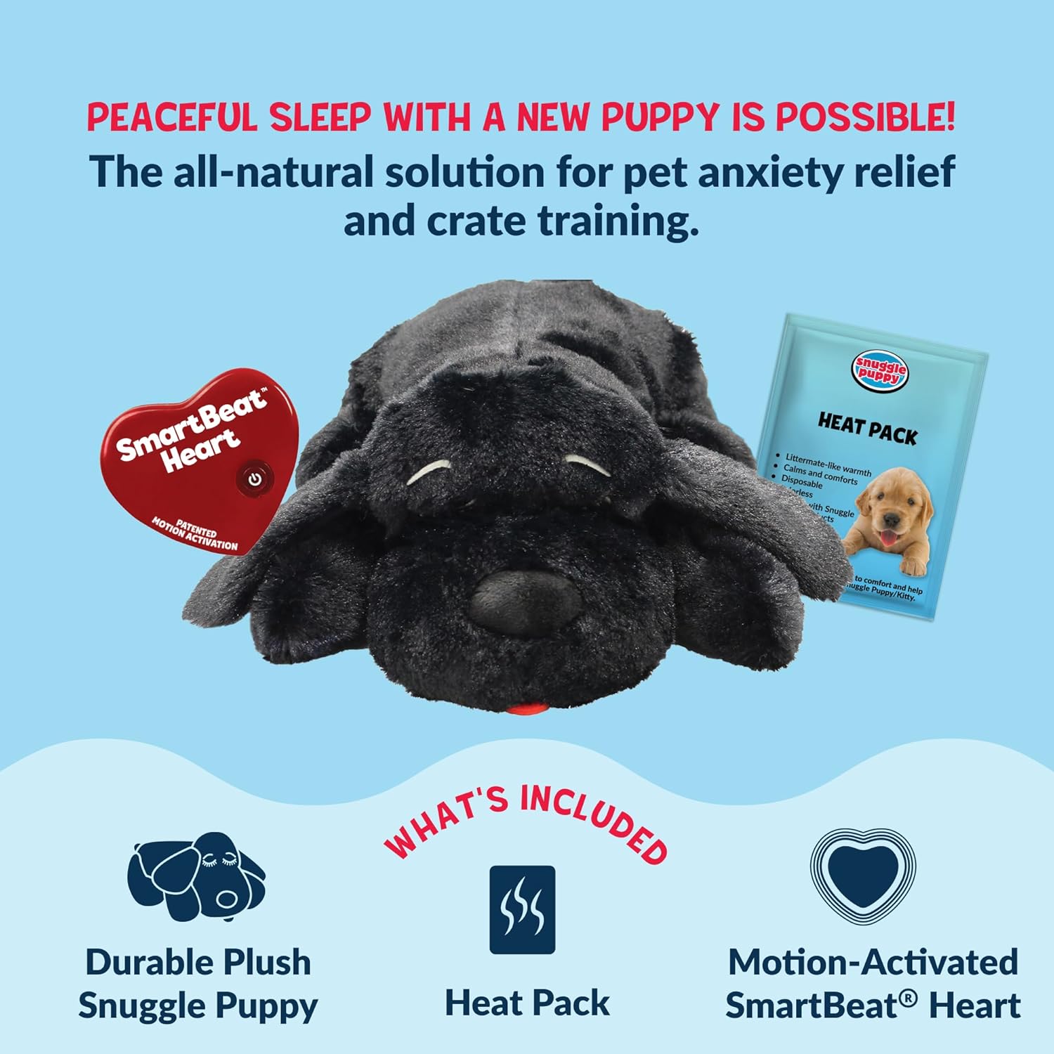 Snuggle Puppy Heartbeat Dog Toy for Puppies, Real-Feel Heartbeat, Calming Sleep Aid and Crate Training Comfort Toy with Heat Pack, Black Plush Design