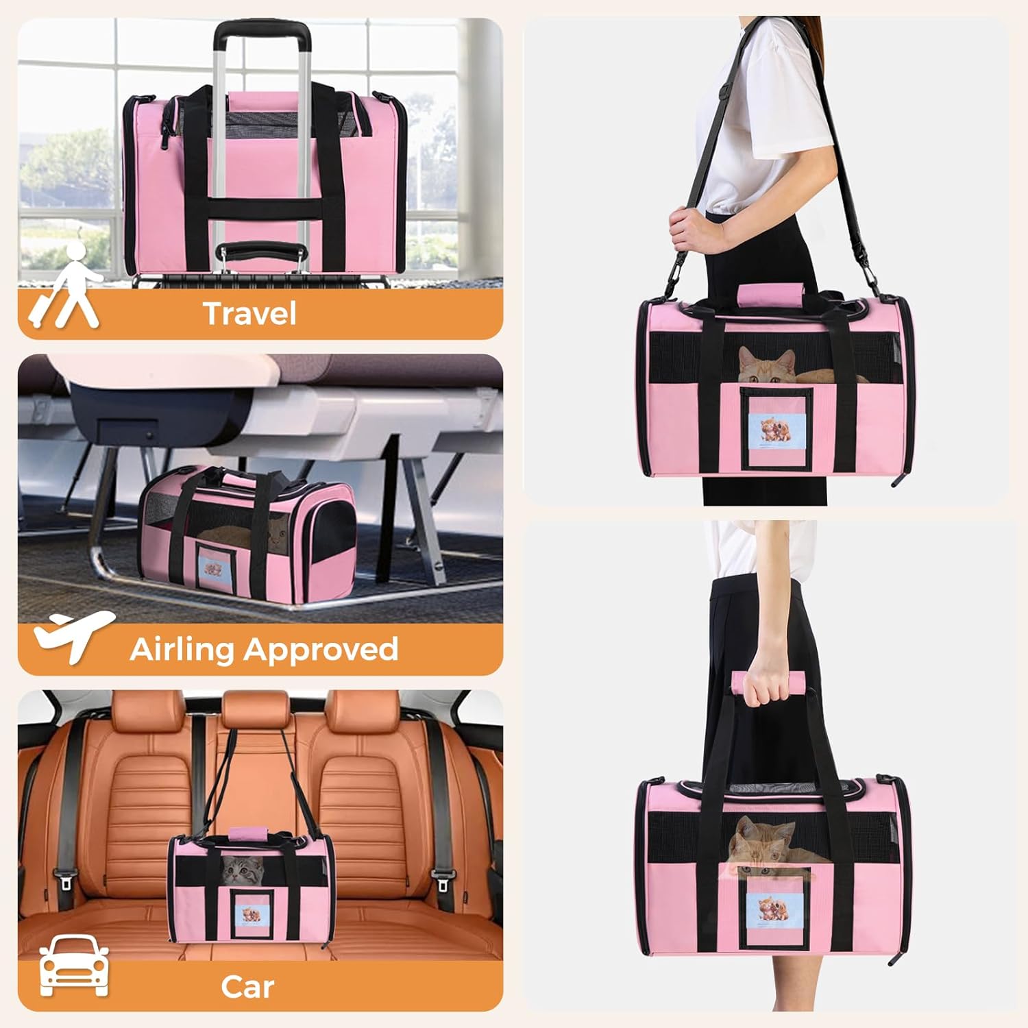 Soft Cat Carrier for Pets Up to 15 lbs, TSA Approved for Airline in-Cabin, Cat Travel Bag with Detachable Cat Food Bowl, Pet Carriers for Small Dogs, Waterproof Travel Puppy...